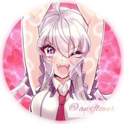 Rule 34 | 1girl, ;d, ahoge, anxflower, armpits, arms up, collared shirt, cropped arms, cropped torso, fangs, hair between eyes, highres, long hair, looking at viewer, necktie, one eye closed, open mouth, pink background, purple eyes, red necktie, round image, senki zesshou symphogear, shirt, silver hair, smile, solo, twintails, twitter username, upper body, white background, white shirt, wing collar, yukine chris