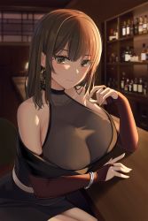 Rule 34 | 1girl, alcohol, arm up, asato mai, bar (place), bare shoulders, black dress, bottle, breasts, bridal gauntlets, brown eyes, brown hair, cleavage, closed mouth, commentary request, counter, dress, earrings, highres, indoors, jewelry, large breasts, looking at viewer, original, see-through, see-through cleavage, sitting, sleeveless, sleeveless dress