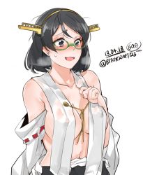 Rule 34 | 1girl, arms behind back, bare shoulders, black hair, black skirt, blush, breasts, cleavage, collarbone, dated, detached sleeves, dongsa wonhyong, embarrassed, glasses, green-framed eyewear, grey eyes, headgear, kantai collection, kirishima (kancolle), kirishima kai ni (kancolle), large breasts, messy hair, navel, nose blush, open mouth, sash, short hair, simple background, skirt, solo, sweat, twitter username, upper body, white background
