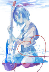 Rule 34 | 1girl, blue theme, cable, guitar, heart, instrument, looking away, original, parted lips, partially submerged, pomodorosa, school uniform, serafuku, short hair, sitting, solo, submerged, tears, wariza, water