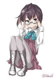 Rule 34 | 10s, 1girl, adjusting eyewear, arms up, bad id, bad twitter id, black eyes, blue-framed eyewear, blue bow, blue bowtie, blush, boots, bow, bowtie, closed mouth, collared shirt, cross-laced footwear, dress, ebifurya, eyebrows, full body, glasses, grey pantyhose, highres, inactive account, kantai collection, knee boots, knees together feet apart, knees up, lace-up boots, long sleeves, looking at viewer, multicolored hair, okinami (kancolle), pantyhose, pink dress, semi-rimless eyewear, shirt, short hair, simple background, sitting, sleeveless, solo, twitter username, two-tone hair, under-rim eyewear, white background, white shirt