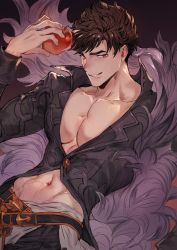 Rule 34 | 1boy, apple, belial (granblue fantasy), black hair, black shirt, collarbone, feather boa, food, fruit, granblue fantasy, highres, looking at viewer, male focus, navel, pants, pectoral cleavage, pectorals, red eyes, shirt, short hair, simple background, smile, smirk, solo, soumaa