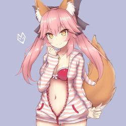 Rule 34 | 1girl, absurdres, animal ear fluff, animal ears, bad id, bad pixiv id, black ribbon, bra, breasts, cleavage, closed mouth, collarbone, fang, fate/extella, fate/extra, fate/extra ccc, fate/grand order, fate (series), fox ears, fox girl, fox tail, hair ribbon, highres, large breasts, looking at viewer, navel, official alternate costume, open clothes, open shirt, pink bra, pink hair, rachione, ribbon, skin fang, solo, tail, tamamo (fate), tamamo no mae (fate/extra), tamamo no mae (spring casual) (fate), underwear, yellow eyes