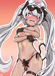 Rule 34 | 1girl, ^^^, bikini, bikini bottom only, black bikini, black gloves, blue archive, blush, breasts, choker, constricted pupils, covering privates, covering breasts, cowboy shot, dark-skinned female, dark skin, ear blush, gloves, grey hair, halo, iori (blue archive), iori (swimsuit) (blue archive), long hair, looking at viewer, lotion, multi-strapped bikini bottom, navel, open mouth, pointy ears, red eyes, semi-rimless eyewear, shoeguy, sidelocks, signature, small breasts, solo, sunglasses, sunscreen, sweat, swimsuit, tail, thigh strap, topless, twintails, wavy mouth