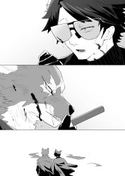 Rule 34 | 2boys, 3koma, animal ears, arknights, blood, blood on face, brothers, capone (arknights), cigarette, comic, furry, furry male, gambino (arknights), glasses, greyscale, highres, holding, holding cigarette, iwashi 80, male focus, monochrome, multiple boys, open mouth, scar, scar across eye, siblings, simple background, tail, white background, wolf boy, wolf ears, wolf tail