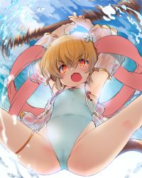 Rule 34 | 1girl, ahoge, andira (granblue fantasy), animal ears, arms up, bare legs, blonde hair, blue one-piece swimsuit, cameltoe, cleft of venus, day, detached sleeves, erune, flat chest, granblue fantasy, highleg, highleg swimsuit, highres, looking at viewer, monkey ears, monkey tail, one-piece swimsuit, open mouth, outdoors, red eyes, see-through, short hair, solo, spread legs, staff, summer, swimsuit, tail, toba hiyoko
