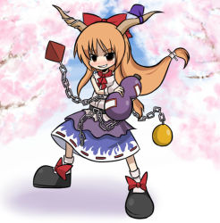 Rule 34 | 1girl, :d, blue skirt, bow, bowtie, brown eyes, chain, cherry blossoms, female focus, gourd, grin, hair bow, haro (artist), horns, ibuki suika, layered skirt, long hair, looking at viewer, low-tied long hair, mary janes, open mouth, orange hair, outdoors, plant, red bow, red bowtie, shoes, skirt, smile, solo, standing, teeth, touhou, tree, wrist cuffs