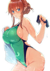Rule 34 | 1girl, blue eyes, breasts, competition swimsuit, cowboy shot, elf, green one-piece swimsuit, hair bun, highleg, highleg swimsuit, holding, large breasts, looking at viewer, misato (princess connect!), one-piece swimsuit, pointy ears, princess connect!, satou (kuso-neet), simple background, single hair bun, solo, unworn swim cap, swimsuit, towel, white background, white towel