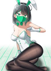 Rule 34 | 1girl, animal ears, arm support, ass, bare shoulders, black hair, black pantyhose, braid, breasts, cleavage, commentary request, fake animal ears, gloves, green eyes, green hair, gurande (g-size), hair between eyes, hairband, highres, leotard, looking at viewer, mask, medium breasts, mouth mask, multicolored hair, no shoes, original, pantyhose, playboy bunny, power symbol, rabbit ears, rabbit tail, solo, strapless, strapless leotard, streaked hair, tail, thighband pantyhose, v-shaped eyebrows, white background, white gloves, white hairband, white leotard