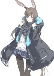 Rule 34 | 1girl, amiya (arknights), animal ears, arknights, black jacket, black pantyhose, blue eyes, blue skirt, brown hair, closed mouth, feet out of frame, fuyukono, hands up, highres, hood, hood down, hooded jacket, jacket, jewelry, long hair, long sleeves, open clothes, open jacket, pantyhose, puffy long sleeves, puffy sleeves, rabbit ears, ring, shirt, simple background, skirt, smile, solo, very long hair, white background, white shirt