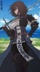 Rule 34 | 1girl, armor, armored dress, belt, black gloves, blue sky, boots, breastplate, breasts, brown gloves, brown hair, cape, cleavage, closed mouth, cloud, cloudy sky, day, elbow gloves, faulds, fingerless gloves, gauntlets, gloves, hair between eyes, highres, holding, holding sword, holding weapon, knight, large breasts, looking to the side, non-web source, ocean, original, outdoors, over shoulder, pauldrons, pelvic curtain, sheath, short hair, shoulder armor, sky, solo, standing, sword, sword over shoulder, thigh boots, thighhighs, vambraces, vampire, weapon, weapon over shoulder, yellow eyes