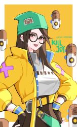 Rule 34 | 1girl, animification, beanie, black gloves, black pants, border, breasts, brown eyes, brown hair, character name, commentary, dated, english commentary, glasses, gloves, green hat, hair behind ear, hands on own hips, hat, high-waist pants, highres, jacket, killjoy (valorant), long hair, medium breasts, outside border, pants, parted lips, round eyewear, smile, solo, upper body, valorant, wan wan, white border, yellow background, yellow jacket