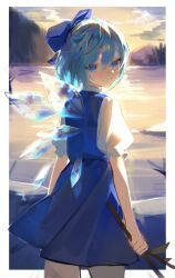 Rule 34 | 1girl, artist name, blue bow, blue dress, blue eyes, blue hair, bow, branch, cirno, commentary request, cowboy shot, dress, from behind, hair bow, highres, holding, holding branch, ice, ice wings, looking at viewer, looking back, parted lips, pkokonatu, puffy short sleeves, puffy sleeves, shirt, short hair, short sleeves, solo, touhou, twitter username, white shirt, wings