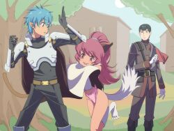 Rule 34 | 1girl, 2boys, :d, animal ears, animal hands, armor, blue eyes, blue hair, cat ears, cat tail, closed mouth, gloves, highres, kaien advance, leotard, long hair, multiple boys, official style, open mouth, perisie (star ocean), pink hair, pointy ears, ponytail, roddick farrence, ronyx j. kenny, smile, star ocean, star ocean first departure, tail, tree