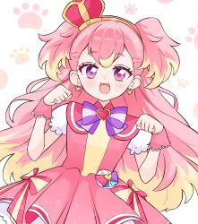 Rule 34 | 1girl, blonde hair, bow, brooch, commentary, crown, cure wonderful, dress, dress bow, earrings, hairband, heart, heart brooch, highres, inukai komugi, jewelry, long hair, looking at viewer, magical girl, mini crown, multicolored hair, open mouth, paw pose, paw print, petticoat, pink hair, pouch, precure, purple bow, purple eyes, short dress, smile, solo, standing, tilted headwear, two-tone hair, two side up, uiui (user gupd8487), wonderful precure!, wrist cuffs, yellow hairband