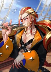 Rule 34 | 1boy, athies, axel syrios, beard, bird, blonde hair, braid, collarbone, eyepatch, facial hair, gun, highres, holostars, holostars english, jacket, jewelry, long hair, multicolored hair, open clothes, open jacket, pirate, pirate costume, red hair, rigging, ring, streaked hair, virtual youtuber, weapon