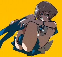 1girl aqua_eyes ass bishoujo_senshi_sailor_moon black_bow blue_bow blue_bowtie blue_footwear blue_sailor_collar blue_skirt blunt_bangs blunt_ends boots bow bowtie bright_pupils cosplay diadem feet_out_of_frame film_grain folded gloves grey_hair highres knee_boots knees_to_chest lying mercuria_(reverse:1999) miniskirt name_connection on_back reverse:1999 sailor_collar sailor_mercury sailor_mercury_(cosplay) sailor_senshi_uniform shirt short_hair skirt sleeveless sleeveless_shirt solo white_gloves white_pupils white_shirt yellow_background ziyunshanding