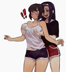Rule 34 | !, !!, 2girls, absurdres, bare shoulders, black shirt, black shorts, blunt bangs, blush, grabbing another&#039;s breast, breasts, brown eyes, brown hair, closed mouth, collarbone, covered erect nipples, cowboy shot, glasses, gompang 11, grabbing, groping, gym shorts, hairband, highres, large breasts, light frown, long hair, midriff peek, multiple girls, open mouth, original, purple eyes, purple hair, red shorts, shirt, short hair, short sleeves, shorts, sidelocks, simple background, surprised, sweatdrop, tank top, teeth, tongue, tongue out, upper teeth only, white background, white hairband, white shirt, yuri