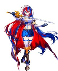 Rule 34 | 1girl, alear (female) (fire emblem), alear (fire emblem), armor, blue eyes, blue hair, blush, boots, braid, breasts, cape, character name, crossed bangs, crown braid, fire emblem, fire emblem engage, full body, gloves, heterochromia, highres, holding, holding sword, holding weapon, jewelry, long hair, medium breasts, mika pikazo, multicolored hair, nintendo, official art, pointy footwear, red eyes, red hair, smile, solo, split-color hair, sword, thigh strap, tiara, two-tone hair, very long hair, weapon, white background