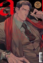 Rule 34 | 1boy, bara, cigar, coat, collared shirt, commentary request, formal, highres, holding, lapels, long sleeves, male focus, mature male, muscular, muscular male, necktie, original, shirt, short hair, smile, solo, ueno kishi