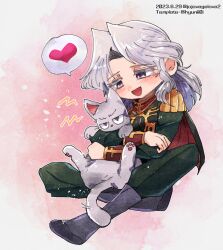 Rule 34 | 1boy, :d, anavel gato, animal, blush, boots, cape, cat, commentary, dated, epaulettes, full body, green cape, green jacket, green pants, grey cat, grey footwear, grey hair, gundam, gundam 0083, heart, high collar, highres, holding, holding animal, holding cat, indian style, ing&#039;yeo soyeo, jacket, long hair, long sleeves, male focus, medium hair, military uniform, open mouth, pants, pink background, purple eyes, simple background, sitting, smile, solo, speech bubble, spoken heart, symbol-only commentary, uniform, watercolor background, white background