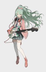 Rule 34 | 1girl, absurdres, aqua eyes, aqua hair, artist name, artist request, blue hair, blue skirt, blush, bow, coat, fingernails, grey background, guitar, hair bow, happy, hatsune miku, headphones, headphones around neck, highres, holding, holding instrument, instrument, light blush, long hair, long sleeves, looking at viewer, nail polish, open mouth, pink coat, pink footwear, pink nails, ponytail, shirt, simple background, skirt, sleeves past wrists, smile, solo focus, standing, striped clothes, striped skirt, vocaloid, white legwear, white shirt, zhibuji loom