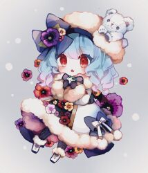 Rule 34 | 1girl, bat wings, black gloves, blue hair, boots, bow, chibi, coat, fang, flower, fur-trimmed boots, fur-trimmed coat, fur trim, gloves, grey background, hair bow, hair flower, hair ornament, hat, highres, holding, light blush, looking at viewer, medium hair, mochimochi (kallmochi), open mouth, red eyes, remilia scarlet, skin fang, snow rabbit, solo, stuffed animal, stuffed toy, teddy bear, touhou, wings, winter clothes, winter coat