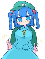 Rule 34 | backpack, bag, blue eyes, blue hair, blue shirt, blue skirt, breasts, collared shirt, frilled shirt collar, frills, front ponytail, green hat, hair bobbles, hair ornament, hat, kappa, kawashiro nitori, key, large breasts, long sleeves, medium hair, op na yarou, puffy sleeves, shirt, short twintails, sidelocks, simple background, skirt, skirt set, smile, solo, touhou, twintails, two side up, white background