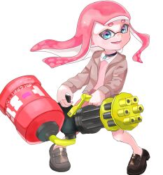 Rule 34 | 1girl, absurdres, black choker, blue eyes, brown footwear, choker, commentary, full body, gun, heavy splatling (splatoon), highres, holding, holding gun, holding weapon, inkling, inkling girl, inkling player character, loafers, long hair, looking at viewer, negi kobito, nintendo, open mouth, pink hair, shoes, simple background, smile, solo, splatoon (series), splatoon 2, standing, symbol-only commentary, tentacle hair, thick eyebrows, weapon, white background