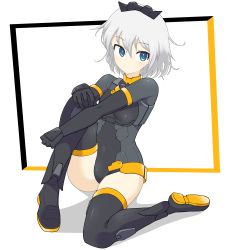Rule 34 | 1girl, 30 minutes sisters, absurdres, black footwear, black gloves, black leotard, blue eyes, boots, breasts, fool iketani, gloves, grey hair, hand on own knee, highres, leotard, looking to the side, medium breasts, rishetta (30ms), short hair, sitting, solo, thigh boots, white background