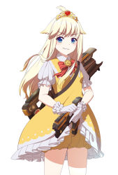 Rule 34 | 1girl, ahoge, apex legends, blonde hair, blue eyes, blush, bow, bowtie, dress, gloves, gun, highres, holding, holding gun, holding weapon, indie virtual youtuber, long hair, red bow, ruipi, short sleeves, simple background, smile, solo, standing, tiara, virtual youtuber, weapon, white background, white gloves, yellow dress