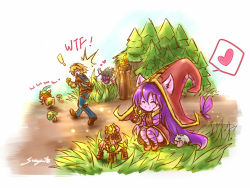 Rule 34 | !, 1girl, 2boys, animal ears, bad id, bad pixiv id, dr. mundo, ezreal, feathers, goggles, grass, hat, heart, horns, league of legends, lulu (league of legends), multiple boys, mushroom, pix (league of legends), poro (league of legends), purple hair, sleeping, striped clothes, striped legwear, striped thighhighs, sueyen, syringe, teemo, thighhighs, tongue, tree, yordle