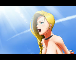 Rule 34 | 1girl, aqua eyes, arms behind back, bianca (dq5), blonde hair, blue sky, bound, bound arms, braid, breasts, cleavage, cloud, collar, dragon quest, dragon quest v, earrings, eureka2, glint, jewelry, leaning forward, letterboxed, light, light rays, looking afar, nude, open mouth, shiny skin, sky, square enix, sunbeam, sunlight, sweat