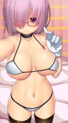 Rule 34 | 1girl, absurdres, alternate costume, asamura hiori, bespectacled, bikini, black thighhighs, breasts, commentary, commentary request, fate/grand order, fate (series), from above, frown, glasses, gloves, hair over one eye, halterneck, highres, large breasts, look-alike, looking at viewer, mash kyrielight, micro bikini, midriff, navel, purple eyes, purple hair, reaching, reaching towards viewer, selfie, shiny clothes, shiny skin, short hair, skindentation, solo, swimsuit, thighhighs, thighs, underboob, white gloves