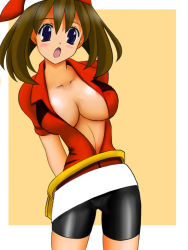 Rule 34 | 1girl, blush, breasts, brown hair, cameltoe, cleavage, creatures (company), female focus, game freak, huge breasts, long hair, may (pokemon), midriff, nintendo, no bra, pokemon, skin tight, solo
