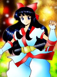 Rule 34 | 1girl, ainu clothes, blue eyes, blue hair, breasts, fingerless gloves, gloves, hair ribbon, legs, long hair, nakoruru, pants, ribbon, samurai spirits, small breasts, smile, snk, solo, the king of fighters, thighs, weapon