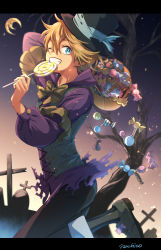 Rule 34 | 1boy, absurdres, artist name, black clover, blonde hair, blue eyes, candy, food, graveyard, halloween costume, hat, highres, holding, holding candy, holding food, luck voltia, nac tw, one eye closed, smile, solo, tombstone, top hat