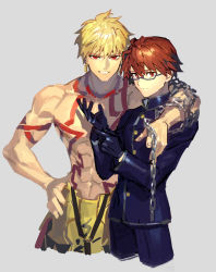 Rule 34 | 2boys, arm around neck, armor, bare pectorals, black gloves, black jacket, black pants, blonde hair, brown eyes, brown hair, chain, closed mouth, commentary request, earrings, enkidu (weapon) (fate), expressionless, fate/extella, fate/extella link, fate/extra, fate/extra ccc, fate (series), feet out of frame, gilgamesh (fate), glasses, gloves, gold armor, grey background, hair between eyes, jacket, jewelry, kishinami hakuno (male), long sleeves, looking at viewer, male focus, multiple boys, necklace, no shirt, official alternate costume, pants, pectorals, red eyes, routo, school uniform, short hair, simple background, smile, tattoo, teeth, toned, tsukumihara academy uniform (fate/extra ccc)