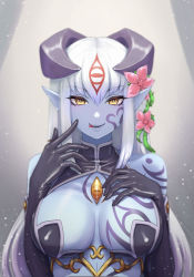 Rule 34 | 1girl, :p, alipheese fateburn xvi, black gloves, blue skin, breasts, breasts apart, colored skin, commentary, elbow gloves, english commentary, eyes visible through hair, flower, gloves, hair between eyes, hair flower, hair ornament, hand on own chest, highres, horns, jing li, lamia, large breasts, long hair, looking at viewer, mon-musu quest!, monster girl, pointy ears, smile, solo, tattoo, tongue, tongue out, upper body, white hair, yellow eyes