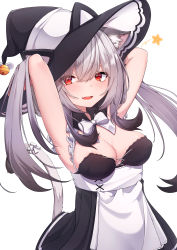 Rule 34 | 1girl, 5danny1206, absurdres, animal ear fluff, animal ears, apron, armpits, arms up, bare shoulders, black collar, black dress, black hair, black hat, bow, breasts, cat ears, cat girl, cat tail, cleavage, collar, commentary, detached collar, dress, grey hair, hat, highres, long hair, medium breasts, original, pleated dress, simple background, solo, star (symbol), tail, twintails, very long hair, waist apron, white apron, white background, white bow, wing collar, witch hat