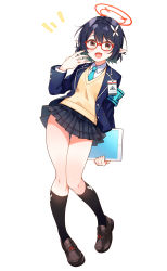 Rule 34 | 1girl, armband, ayane (blue archive), black hair, blue archive, blush, brown eyes, commentary request, glasses, hair ornament, halo, highres, kano hito, kneehighs, looking at viewer, necktie, open mouth, pointy ears, school uniform, short hair, simple background, socks, solo, tablet pc, white background