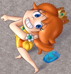 Rule 34 | 1girl, artist request, ass, blue eyes, brown hair, butt crack, crazy eyes, crown, earrings, feet, flower earrings, happy, highres, jewelry, legs, looking at viewer, mario &amp; sonic at the olympic games, mario (series), nintendo, one-piece swimsuit, princess daisy, smile, solo, source request, super mario bros. 1, super mario land, swimsuit, yellow one-piece swimsuit