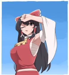 Rule 34 | 1girl, absurdres, armpits, ascot, black eyes, black hair, bow, breasts, collared shirt, frilled bow, frilled hair tubes, frilled shirt collar, frilled skirt, frills, hair bow, hair tubes, hakurei reimu, highres, large breasts, long hair, mata (matasoup), midriff peek, navel, red bow, red shirt, red skirt, sarashi, shirt, skirt, sleeveless, sleeveless shirt, solo, touhou, white sleeves, wide sleeves, yellow ascot
