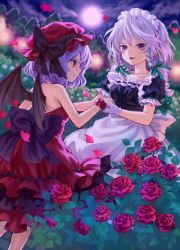 Rule 34 | 2girls, album cover, alternate costume, ama-tou, apron, backless outfit, bare shoulders, bat wings, blue dress, blue eyes, blue hair, bow, braid, colored eyelashes, cover, dress, female focus, flower, full moon, gloves, hair ribbon, holding hands, hat, izayoi sakuya, light purple hair, maid, maid apron, maid headdress, moon, multiple girls, night, open mouth, petals, red dress, red eyes, red flower, red rose, remilia scarlet, ribbon, rose, silver hair, sky, smile, strapless, strapless dress, touhou, twin braids, twintails, white gloves, white legwear, wings, wrist cuffs, wrist ribbon