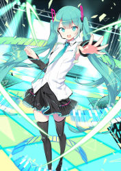 Rule 34 | 1girl, :d, aqua eyes, aqua hair, aqua necktie, bare shoulders, between breasts, black skirt, black thighhighs, blunt bangs, boots, breasts, collared shirt, commentary request, concert, detached sleeves, full body, hair ornament, hatsune miku, headset, highres, kiya machi, light, light particles, long hair, looking at viewer, microphone, necktie, necktie between breasts, official art, open mouth, outstretched arm, outstretched hand, pleated skirt, reaching, reaching towards viewer, screen, shirt, skirt, sleeveless, sleeveless shirt, small breasts, smile, solo, spotlight, stage, stage lights, standing, thigh boots, thighhighs, twintails, very long hair, vocaloid, white shirt