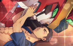 Rule 34 | 2boys, abs, ao isami, black hair, blue shirt, blush, bravern, colored sclera, green sclera, hand on another&#039;s face, heart, imminent kiss, looking at another, lying, male focus, mecha, multiple boys, on back, open mouth, outdoors, puckered lips, robot, shirt, short sleeves, sparkle, super robot, tometo pot, upper body, v-fin, yaoi, yuuki bakuhatsu bang bravern