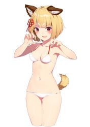 Rule 34 | 1girl, :3, :d, animal ears, bikini, blonde hair, blush, braid, breasts, claw pose, cleavage, cowboy shot, cropped legs, dog ears, erune, french braid, gin00, gluteal fold, granblue fantasy, hair ornament, halterneck, highres, looking at viewer, open mouth, red eyes, short hair, side braid, simple background, small breasts, smile, solo, swimsuit, tail, thigh gap, vajra (granblue fantasy), white background, white bikini