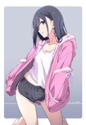 Rule 34 | 1girl, artist name, black hair, black shorts, blue background, blue eyes, border, commentary request, dated, dolphin shorts, hands in pockets, highres, jacket, long sleeves, nii manabu, open clothes, open jacket, original, pink jacket, shirt, shorts, smile, solo, white border, white shirt