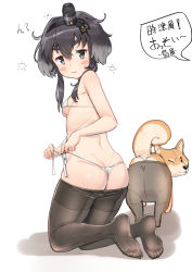 Rule 34 | 1girl, alternate costume, ass, bad id, bad pixiv id, bikini, black hair, black pantyhose, blush, breasts, brown eyes, closed mouth, clothes pull, commentary request, dog, feet, gradient background, hat, highres, kantai collection, lowleg, lowleg pantyhose, micro bikini, osananajimi neko, pantyhose, short hair, short hair with long locks, sidelocks, small breasts, smile, swimsuit, thick eyebrows, tokitsukaze (kancolle), translation request