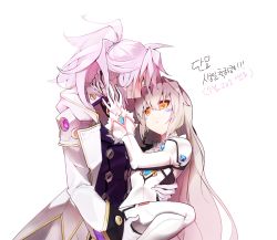 Rule 34 | 1boy, 1girl, add (elsword), bad id, bad pixiv id, blush, carrying, coat, code: battle seraph (elsword), couple, elsword, eve (elsword), facial mark, gem, gloves, hetero, highres, korean text, long hair, mastermind (elsword), ponytail, quai (hbee), simple background, sweat, tattoo, thighhighs, translation request, wavy mouth, white background, white gloves, white hair, white thighhighs, yellow eyes